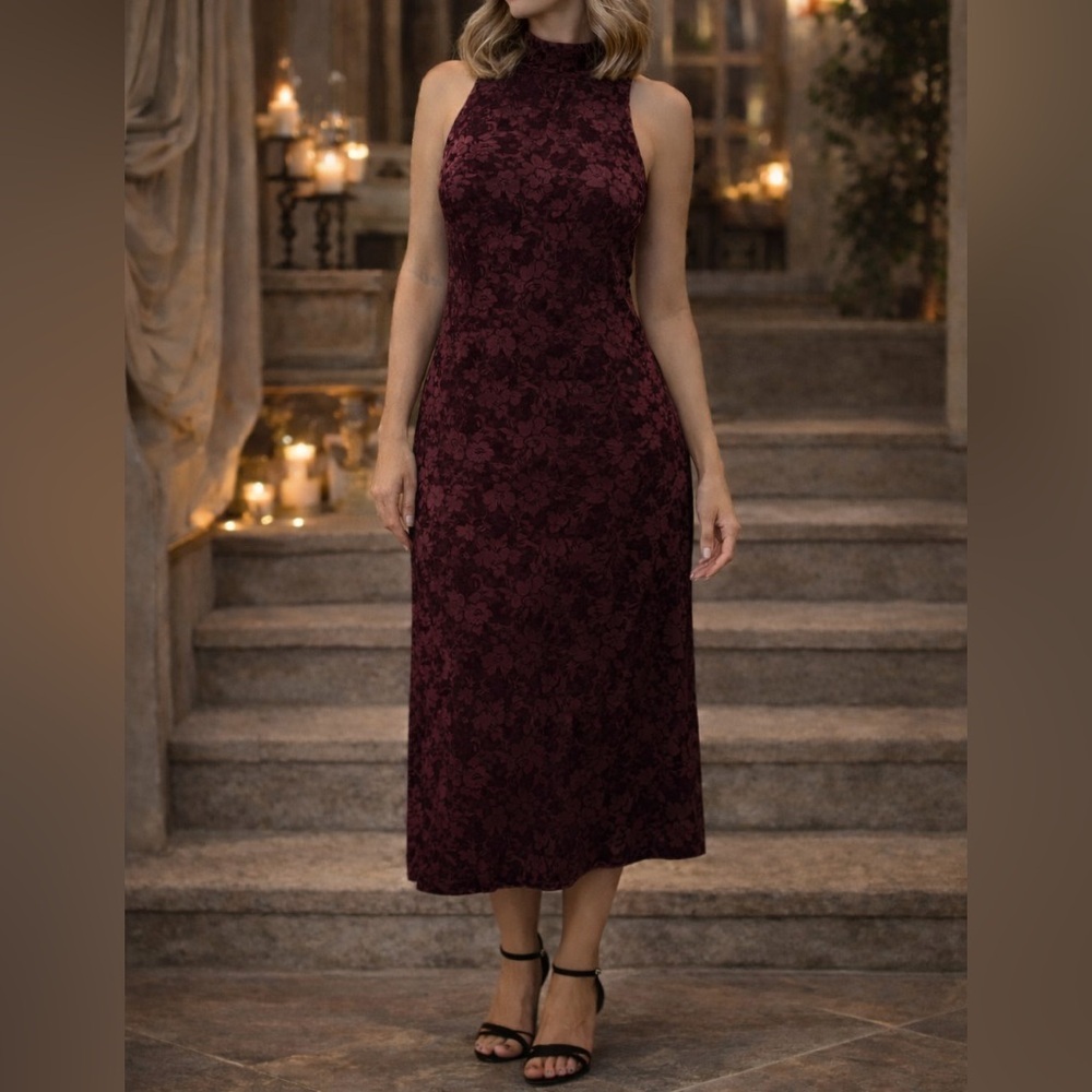Vintage Carole Little Burgundy Velvet Burnout Maxi Dress | Y2K Sleeveless | 6